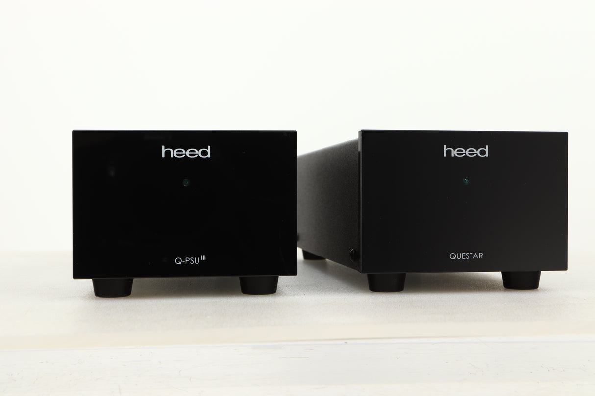 Close up view of a used Heed Questar MM Phonostage with Q-PSU III Power Supply