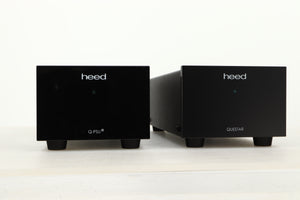 Close up view of a used Heed Questar MM Phonostage with Q-PSU III Power Supply