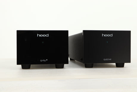 Close up view of a used Heed Questar MM Phonostage with Q-PSU III Power Supply