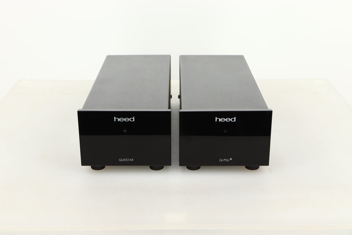 Front view of a used Heed Questar MM Phonostage with Q-PSU III Power Supply