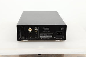 Rear view of a used Heed Thesis Delta CD Transport in Black finish showing RCA, BNC, optical, and I²S outputs, and mains input