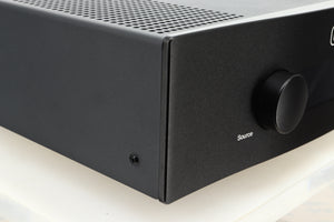 Front left corner view of a used Hegel H400 Streaming Amplifier in Black finish 
