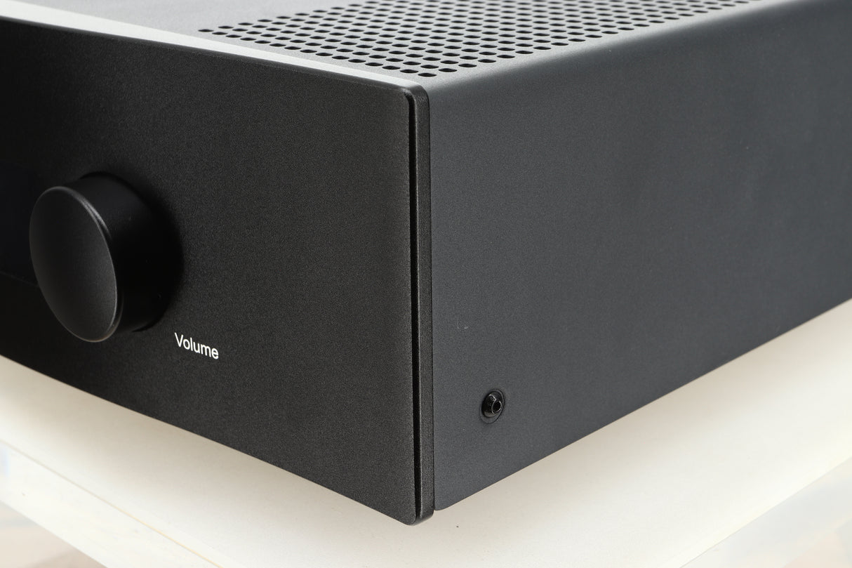 Front right corner view of a used Hegel H400 Streaming Amplifier in Black finish 