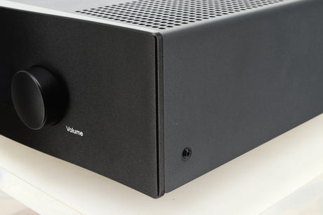 Front right corner view of a used Hegel H400 Streaming Amplifier in Black finish 
