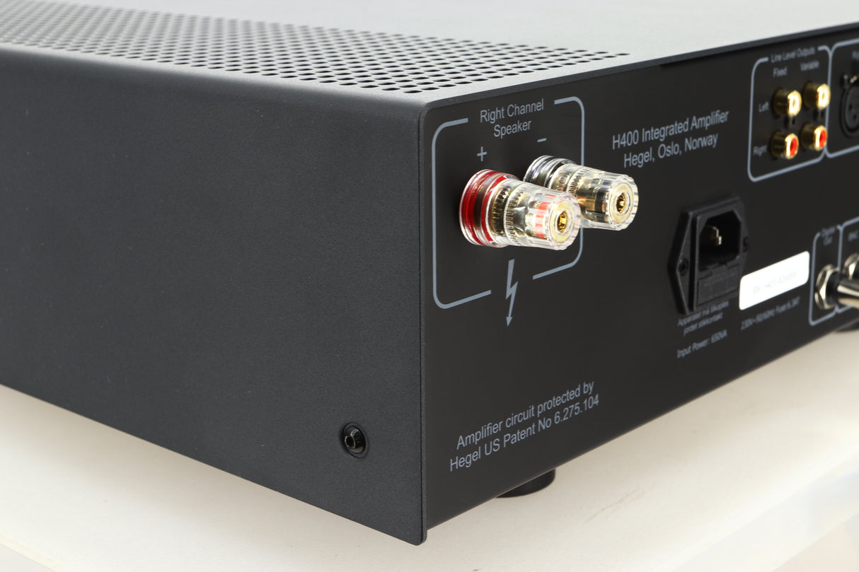 Rear left corner view of a used Hegel H400 Streaming Amplifier in Black finish 