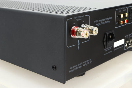 Rear left corner view of a used Hegel H400 Streaming Amplifier in Black finish 