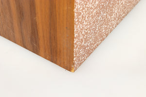 Close up of a used Heybrook HP2 Standmount Speaker in a teak finish showing some damage on rear right corner 