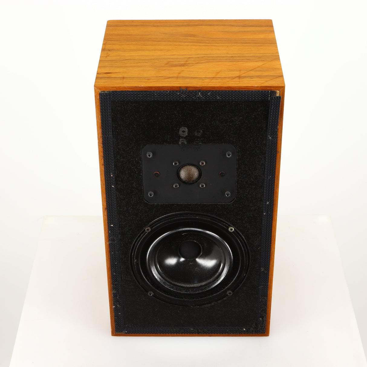 Top of a used Heybrook HP2 Standmount Speaker in a teak finish