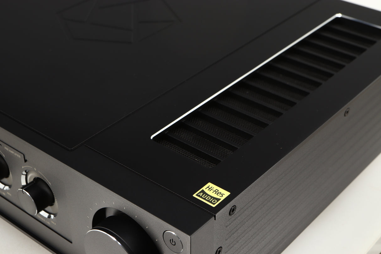 Close up of a used HiFi ROSE RA280 Integrated Amplifier in a black finish showing Hi-Res Audio Sticker