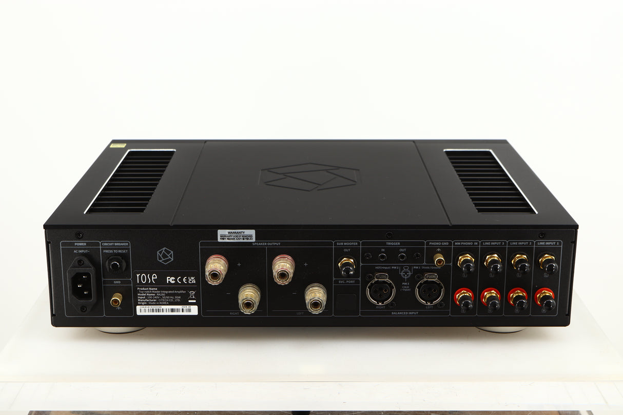 Rear view of a used HiFi ROSE RA280 Integrated Amplifier in a black finish