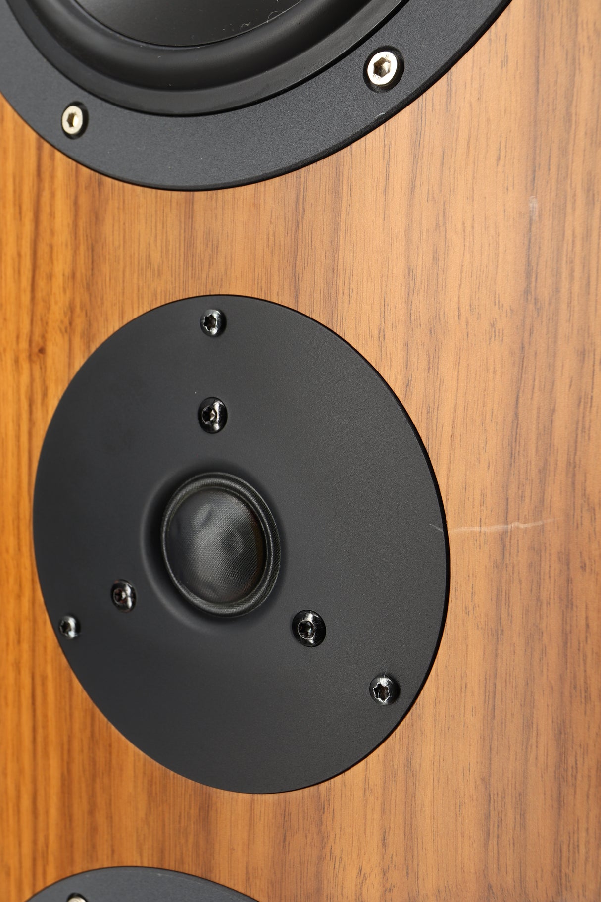 Close up of a used Icon Audio MFV3 Floorstanding Speaker in a rosewood vinyl finish showing dimples in tweeter and scratch
