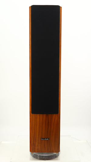 Front view of a used Icon Audio MFV3 Floorstanding Speaker in a rosewood vinyl finish showing Grille