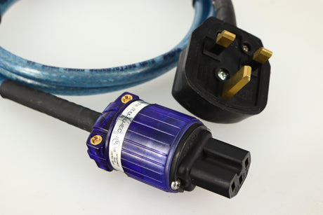 Close up of a used Isotek Elite High Performance Power Cord 1.5m showing plug and connector