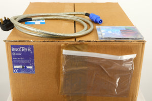 Box for a used Isotek Nova Mains Conditioner in a black finish showing Mains Cable and Full System Enhancer & Rejuvenation Disc