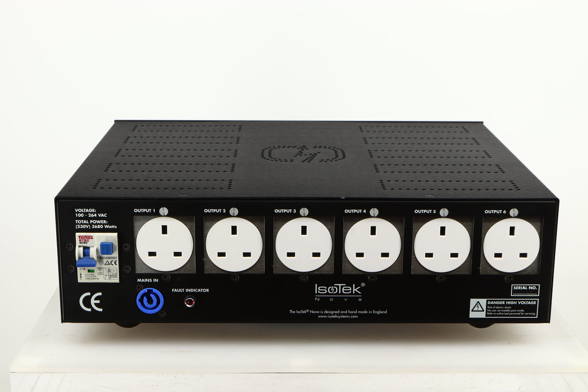 Rear view of a used Isotek Nova Mains Conditioner in a black finish showing Mains Input