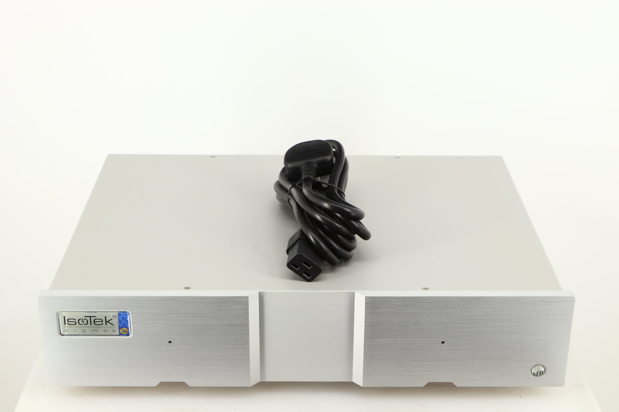 Top of a used Isotek Sigmas Gil Power Distribution in a silver finish showing Mains Cable
