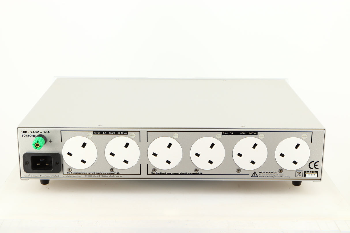 Rear view of a used Isotek Sigmas Gil Power Distribution in a silver finish showing Mains Input