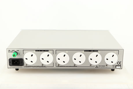 Rear view of a used Isotek Sigmas Gil Power Distribution in a silver finish showing Mains Input