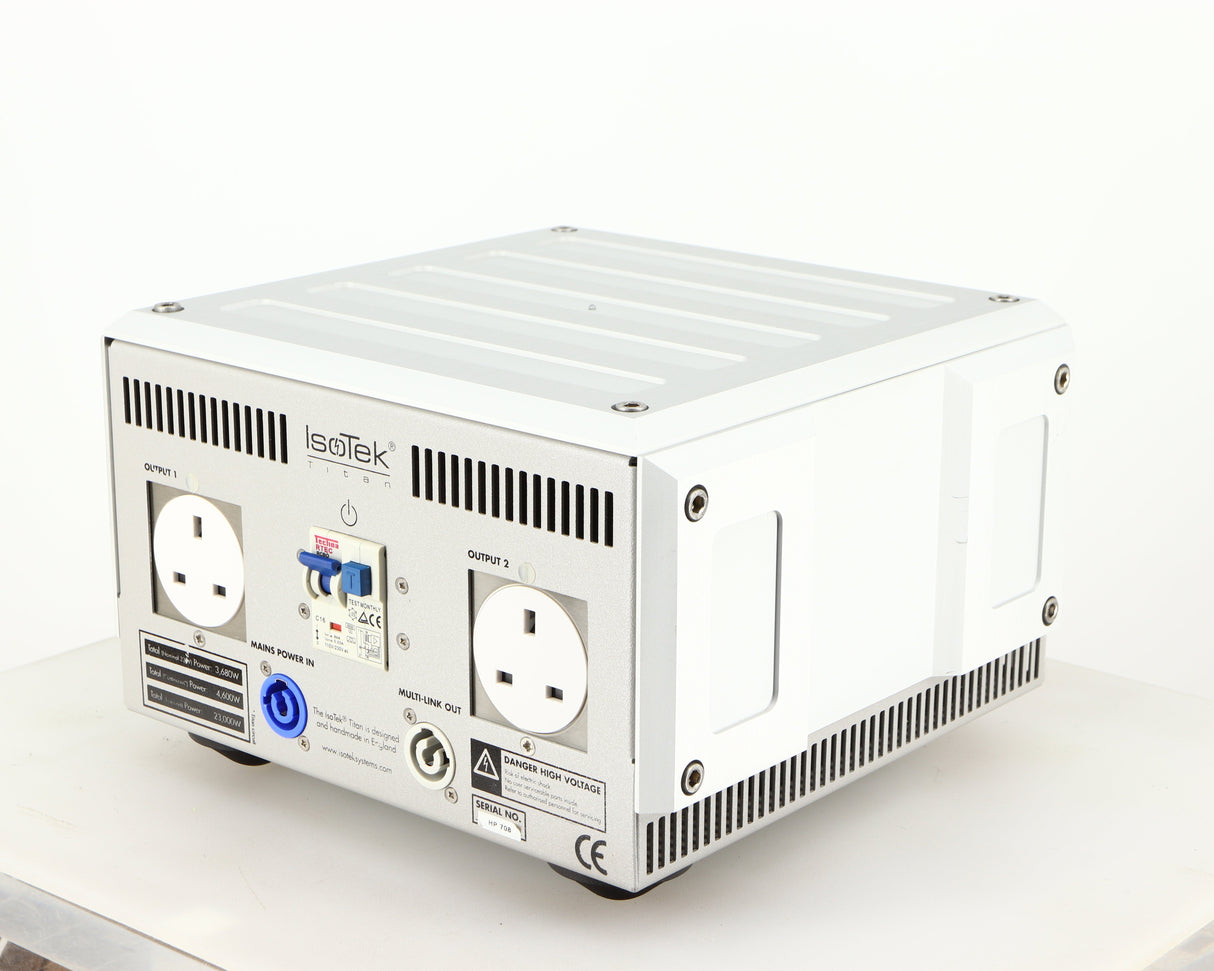 Rear left corner of a used Isotek Titan Mains Conditioner in a silver finish