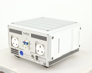 Rear left corner of a used Isotek Titan Mains Conditioner in a silver finish