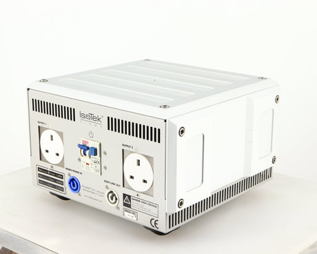 Rear left corner of a used Isotek Titan Mains Conditioner in a silver finish