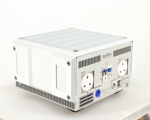 Rear right corner of a used Isotek Titan Mains Conditioner in a silver finish