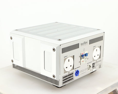 Rear right corner of a used Isotek Titan Mains Conditioner in a silver finish