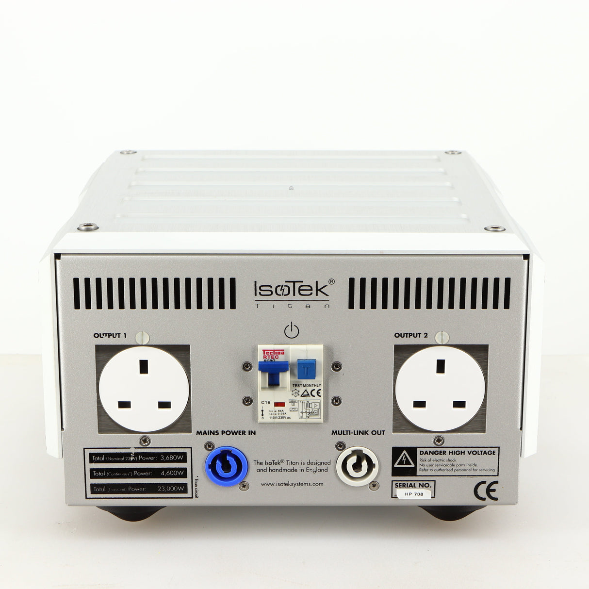 Rear view of a used Isotek Titan Mains Conditioner in a silver finish showing Mains Input and Mains Outputs