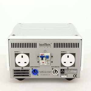 Rear view of a used Isotek Titan Mains Conditioner in a silver finish showing Mains Input and Mains Outputs