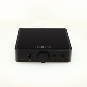 Front view of a used JDS Labs Atom Headphone Amplifier in a black finish