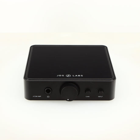 Front view of a used JDS Labs Atom Headphone Amplifier in a black finish