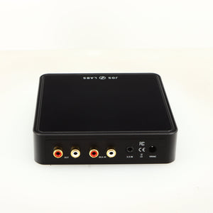 Rear view of a used JDS Labs Atom Headphone Amplifier in a black finish showing Phono Inputs, Phono Outputs and Power Input
