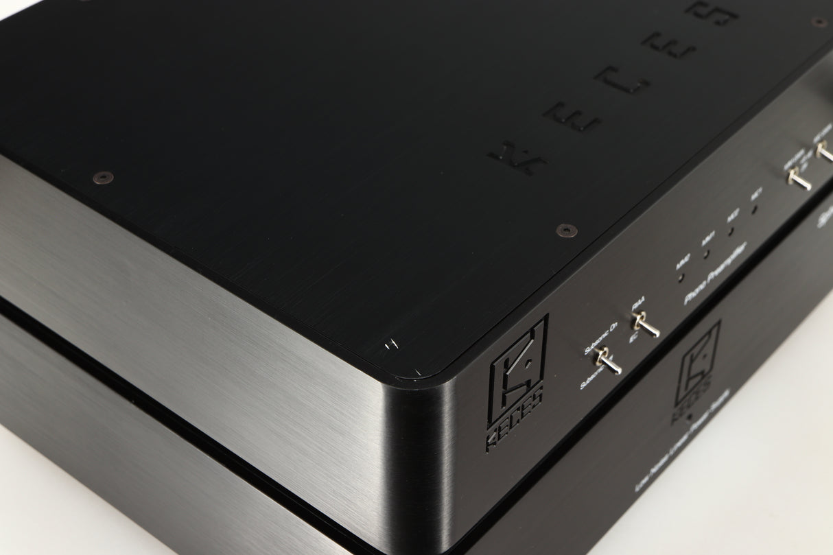Close up of a used Keces Sphono Phonostage in a black finish showing small scratches on top