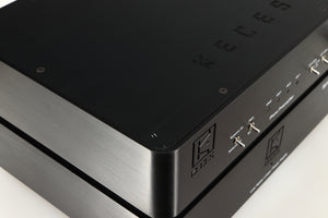 Close up of a used Keces Sphono Phonostage in a black finish showing small scratches on top