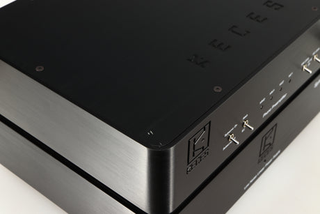 Close up of a used Keces Sphono Phonostage in a black finish showing small scratches on top