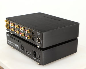 Rear left corner of a used Keces Sphono Phonostage in a black finish