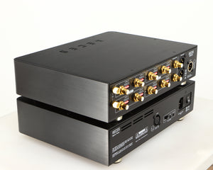 Rear right corner of a used Keces Sphono Phonostage in a black finish