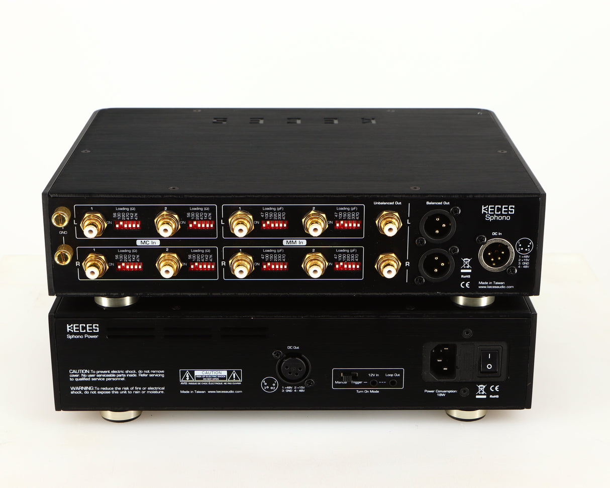 Rear view of a used Keces Sphono Phonostage in a black finish showing Mains Input, XLR Input, XLR Outputs, Phono Inputs and Phono Outputs