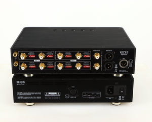 Rear view of a used Keces Sphono Phonostage in a black finish showing Mains Input, XLR Input, XLR Outputs, Phono Inputs and Phono Outputs