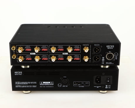 Rear view of a used Keces Sphono Phonostage in a black finish showing Mains Input, XLR Input, XLR Outputs, Phono Inputs and Phono Outputs
