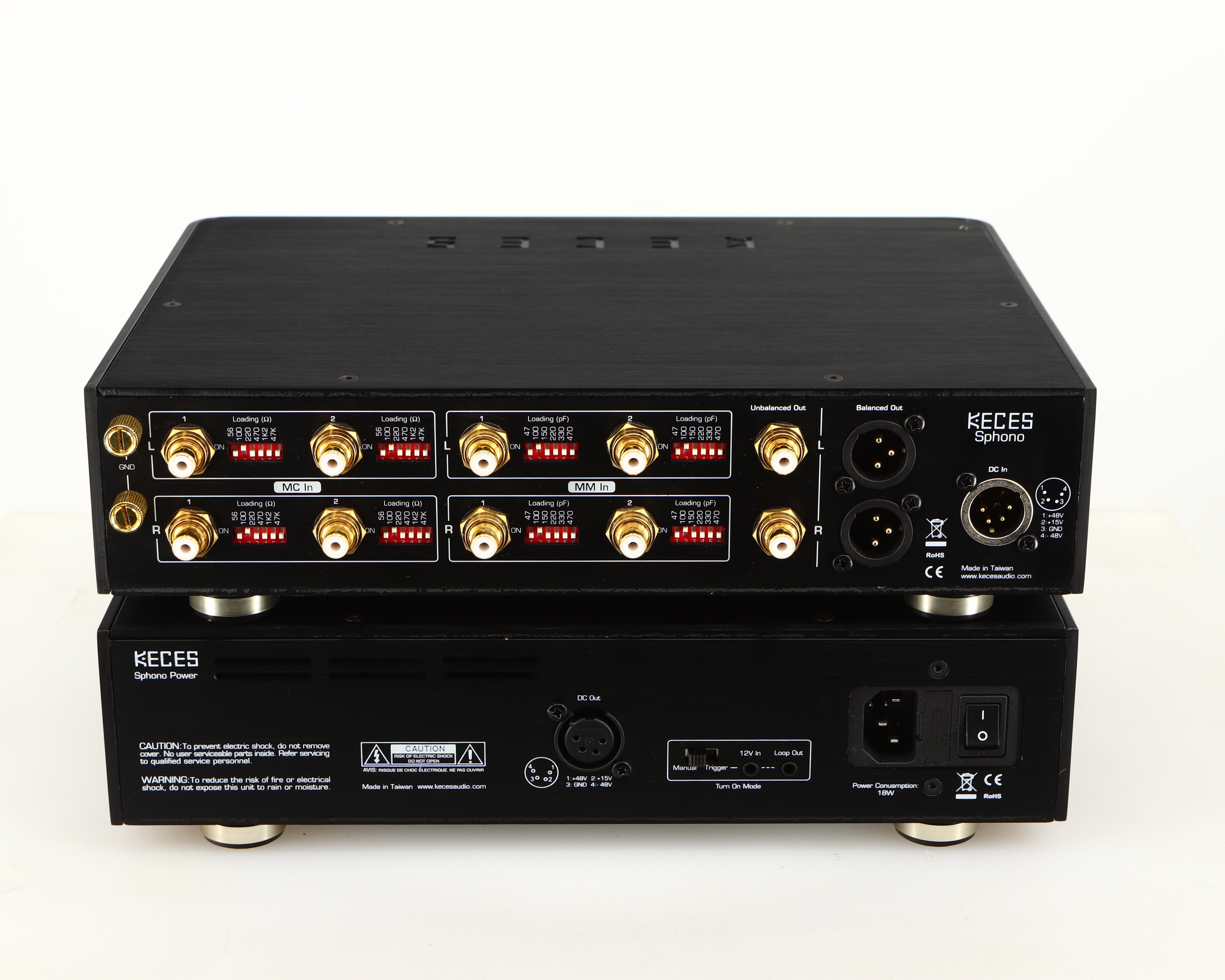 Rear view of a used Keces Sphono Phonostage in a black finish showing Mains Input, XLR Input, XLR Outputs, Phono Inputs and Phono Outputs