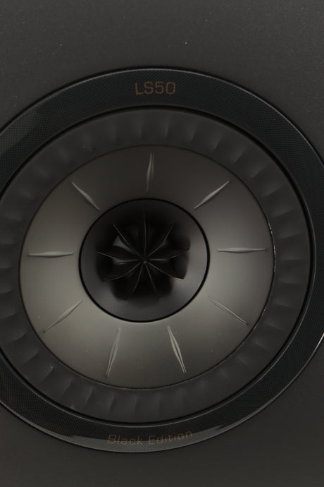 Close up view of a used KEF LS50 Black Edition Standmount Speaker