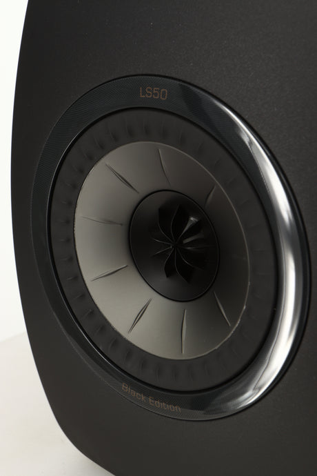 Close up view of a used KEF LS50 Black Edition Standmount Speaker