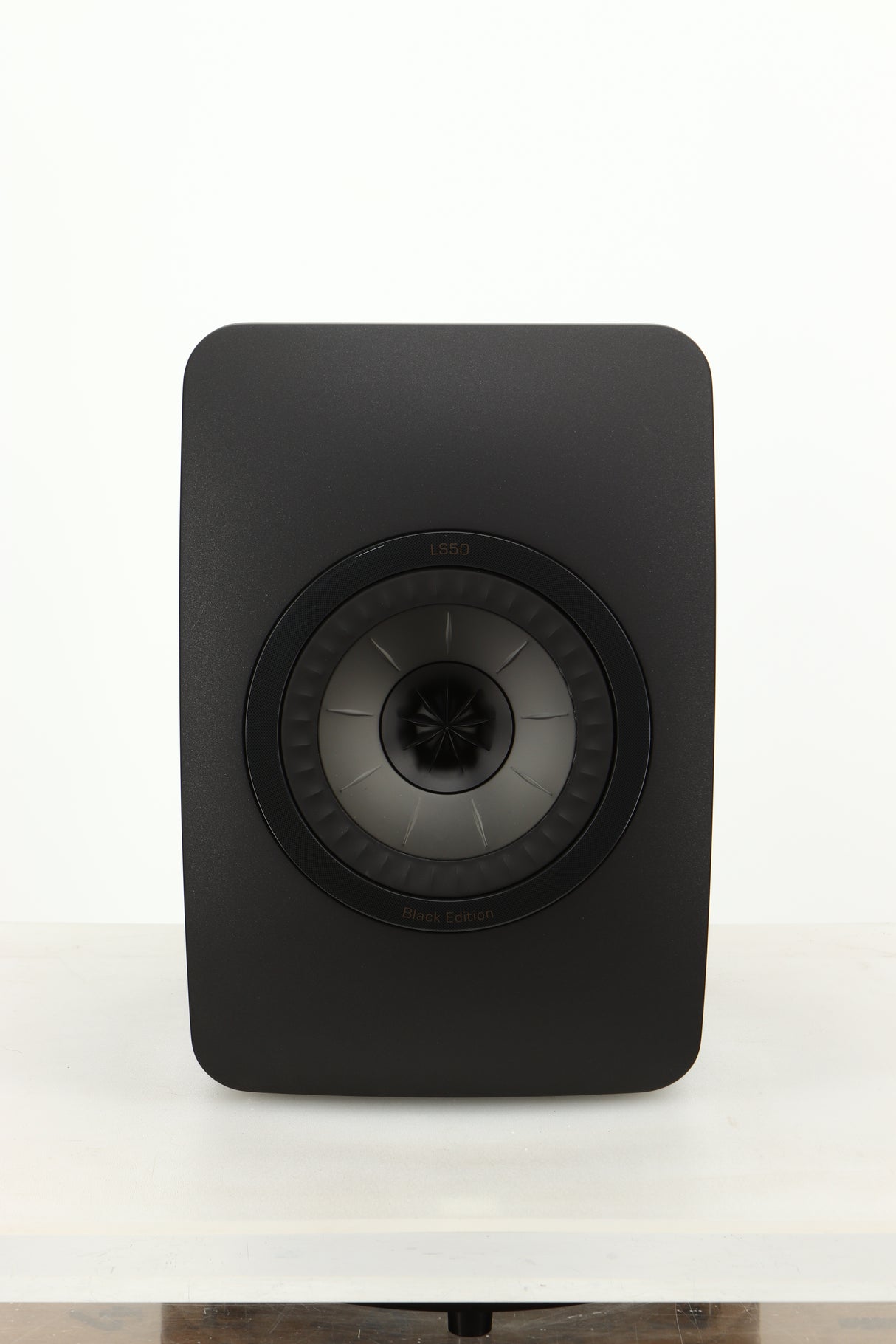Front view of a used KEF LS50 Black Edition Standmount Speaker