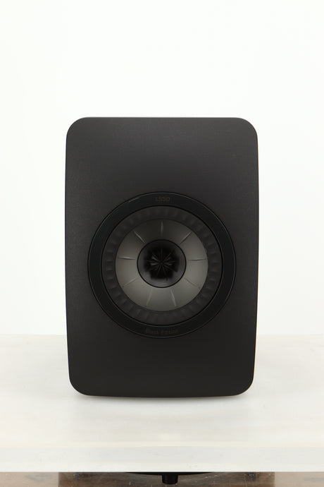 Front view of a used KEF LS50 Black Edition Standmount Speaker