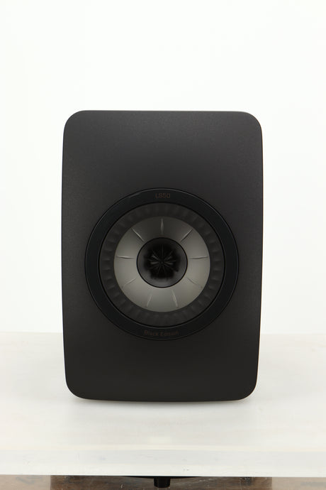 Front view of a used KEF LS50 Black Edition Standmount Speaker