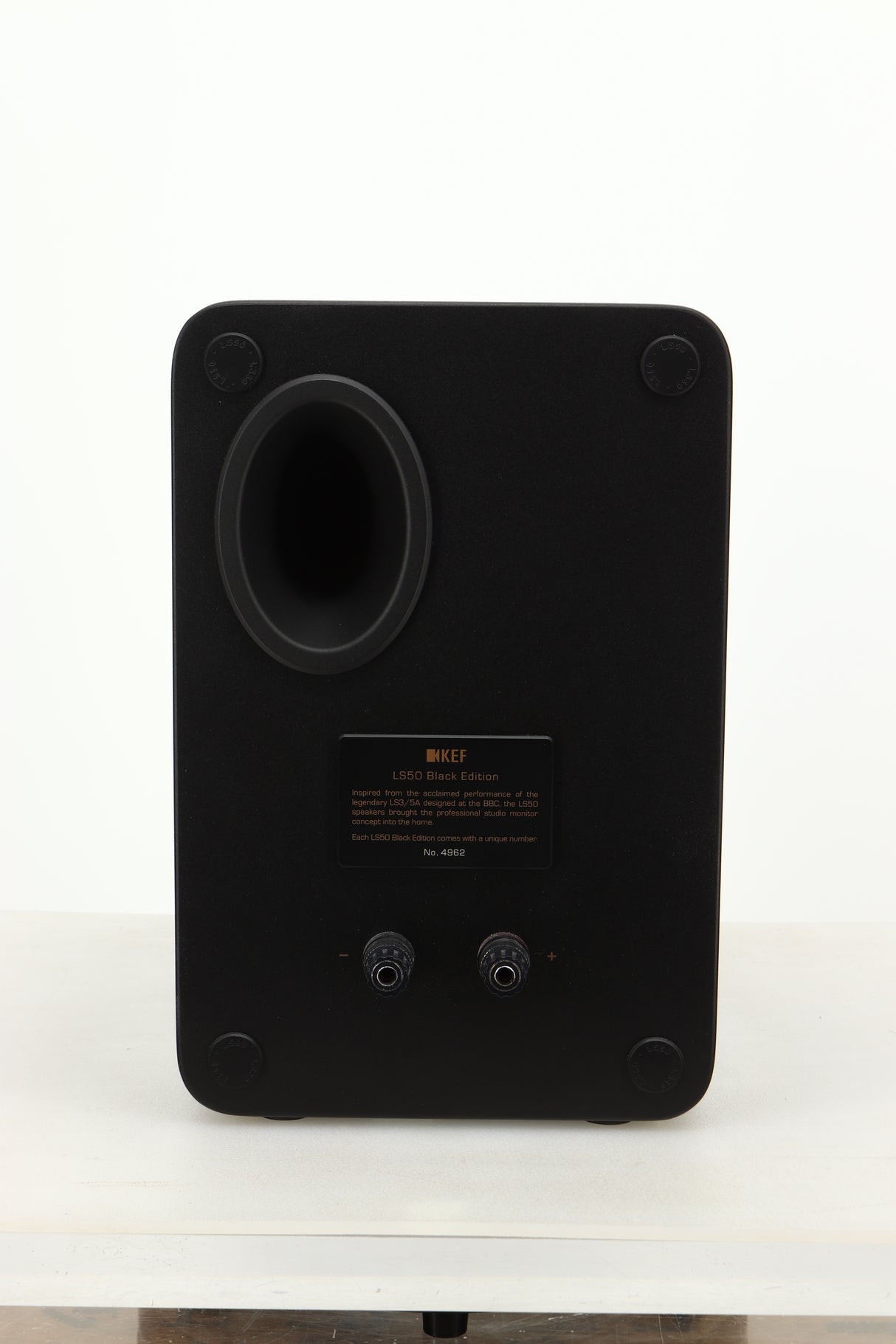 Rear view of a used KEF LS50 Black Edition Standmount Speaker
