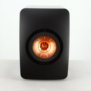 Front view of a used KEF LS50 Standmount Speaker in a black gloss finish