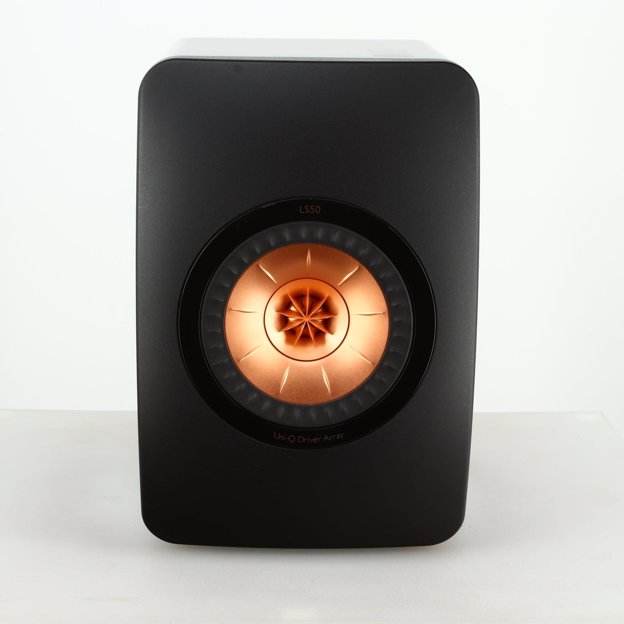 Front view of a used KEF LS50 Standmount Speaker in a black gloss finish