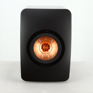 Front view of a used KEF LS50 Standmount Speaker in a black gloss finish